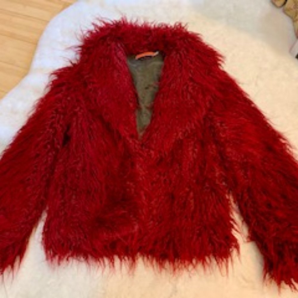 Alice and Olivia Red Faux Shag Jacket S/P